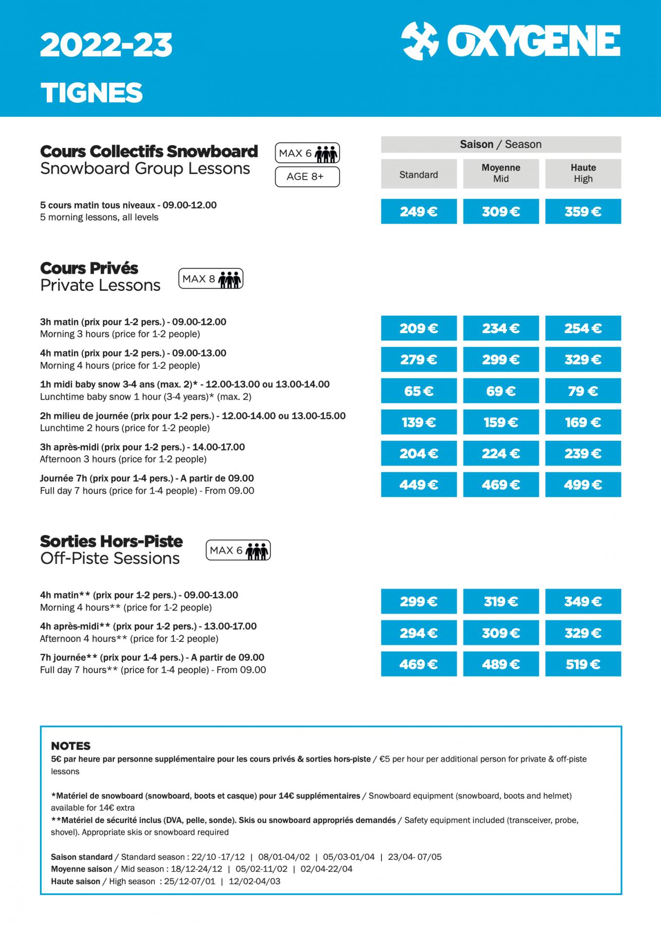 Price list tignes 2